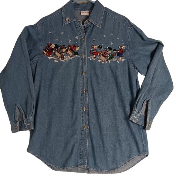 Bobbie Brooks Vintage Denim Shirt Womens Size M Blue X-Mas Bears Embroidered - Picture 1 of 15